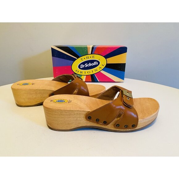 Dr Scholls Women Size 10 M Wood Exercise Clog Sandal Tan Leather Slide Shoe New - Picture 10 of 15